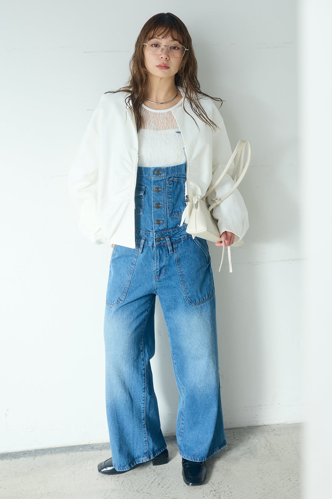 [SET]ノーカラーフロントギャザージップアウター+デニムサロペットワイドパンツ(2set)