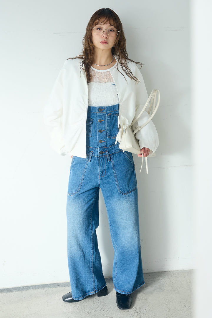 [SET]ノーカラーフロントギャザージップアウター+デニムサロペットワイドパンツ(2set)