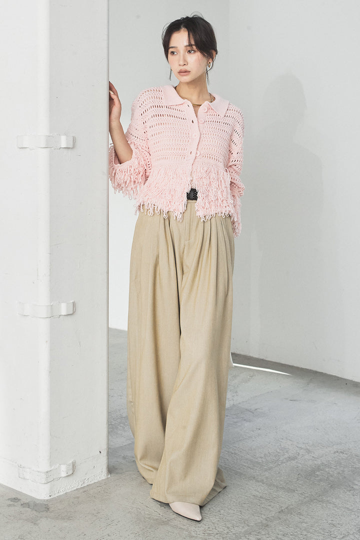 [SET]メッシュフリンジカーディガン+編みベルト付きウエストタックワイドパンツ(2set)