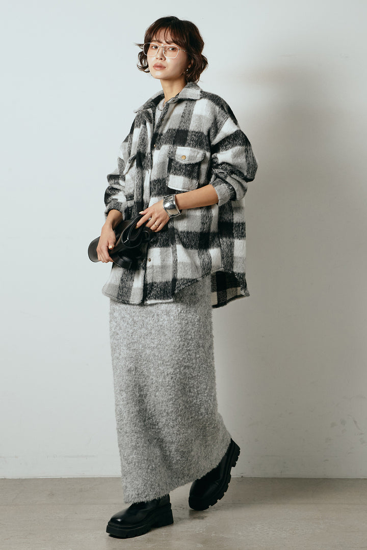 [SET]起毛チェック柄ポケットアウター+起毛ノースリーブニットロングワンピース(2set)