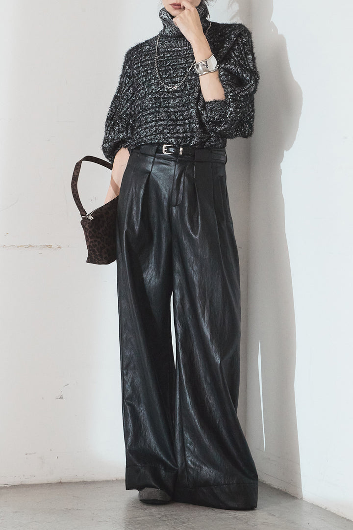 [SET]ミックス編みドルマンニットトップス+ベルト付きレザーライクタックパンツ(2set)