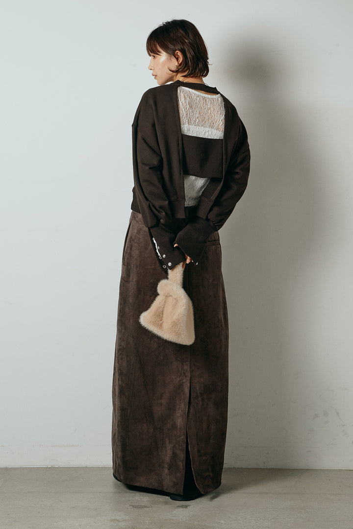 [SET]裏毛バックオープンプルオーバー+エコスウェードワイドスカート+ストレッチレースクルーネックインナー(3set)