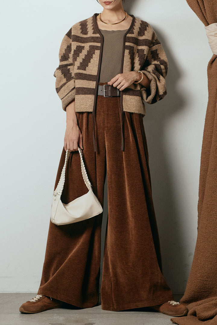 [SET]ノーカラー幾何学模様アウター+ベルトループコーデュロイワイドパンツ(2set)