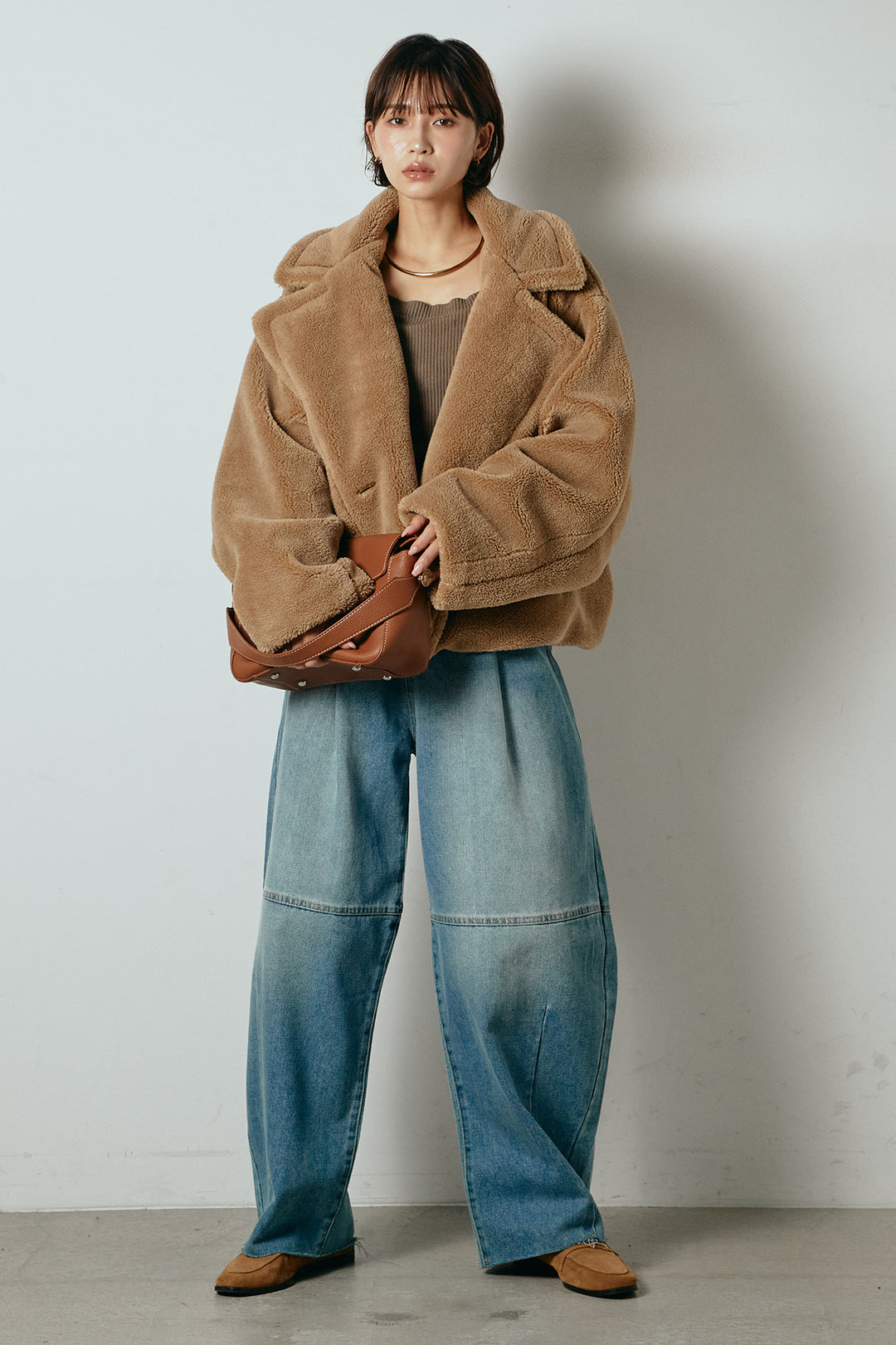 【2月中旬発送】
[SET]テディボアショートジャケット+加工デニムタックコクーンワイドパンツ(2set)