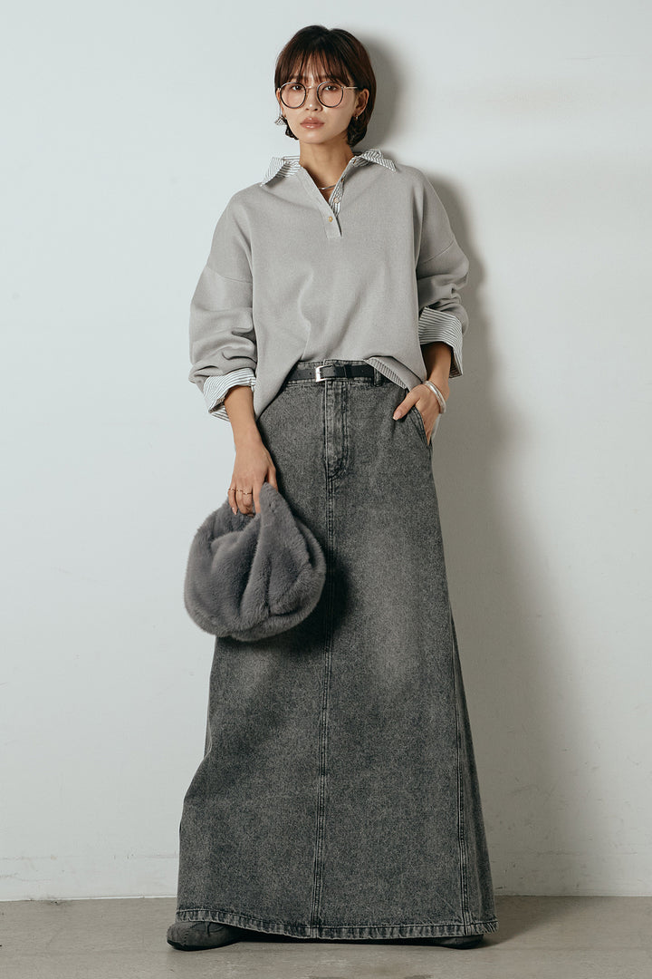 [SET]ストライプシャツドッキングポロトップス+デニムロングフレアスカート(2set)