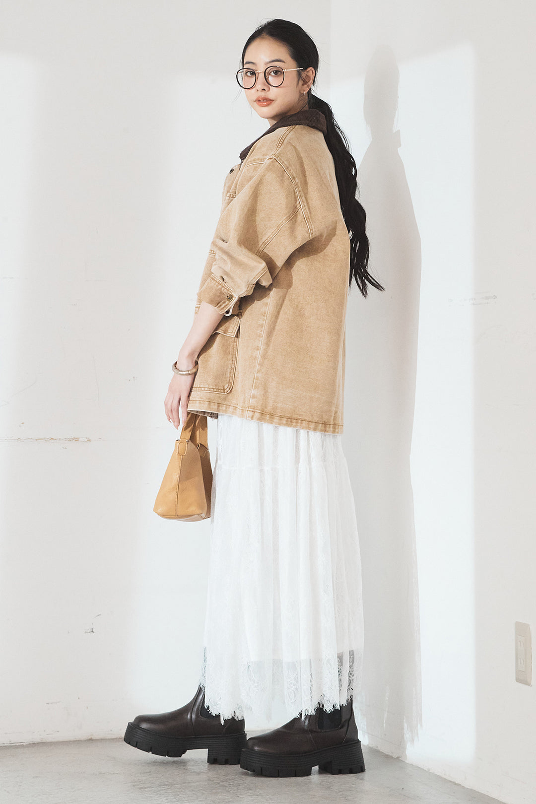 [SET]襟コーデュロイジップデニム調カバーオール+ひげレース切替ロング丈スカート(2set)