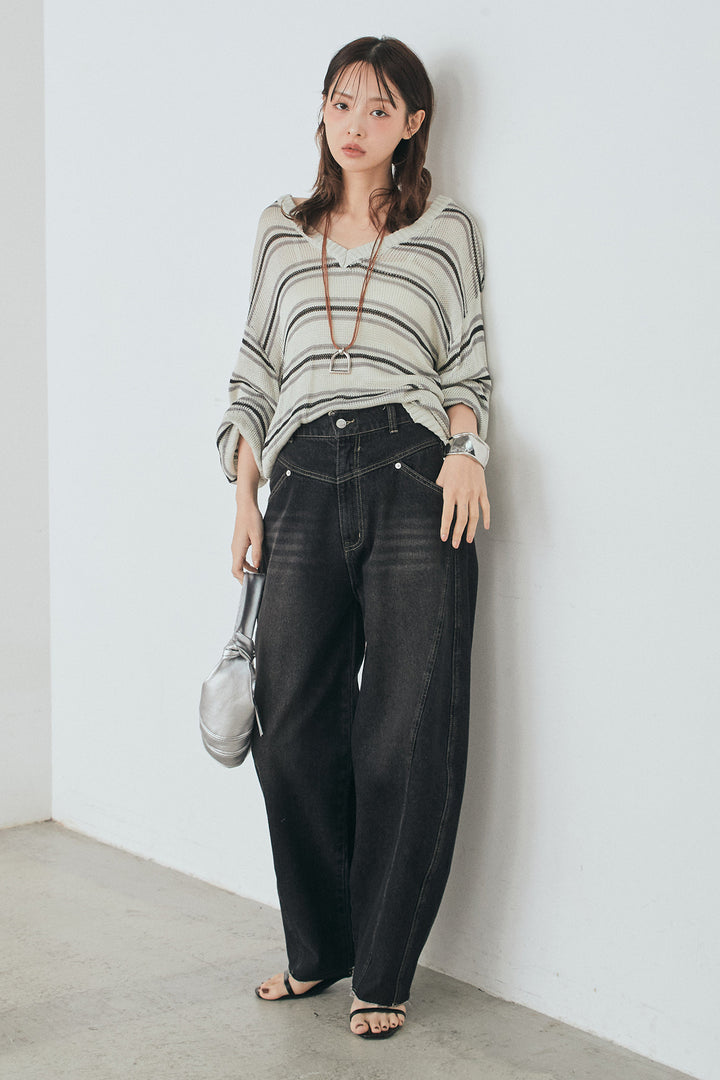 [SET]綿タッチVネックボーダートップス+デニムヨークパンツ(2set)