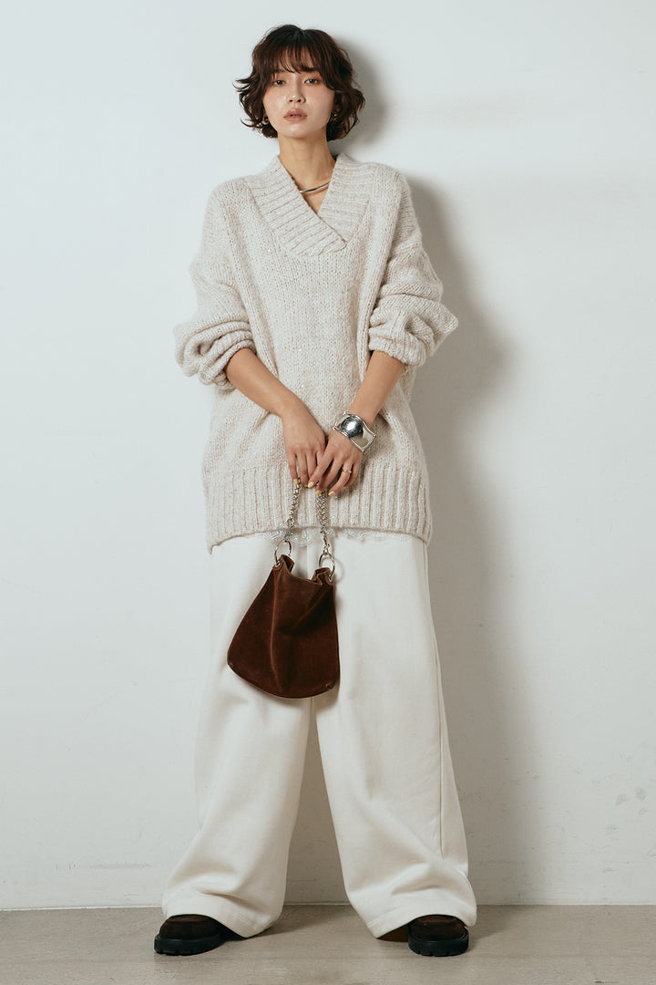 [SET]Vネックラメニットトップス+裏起毛スウェットワイドパンツ(2set)