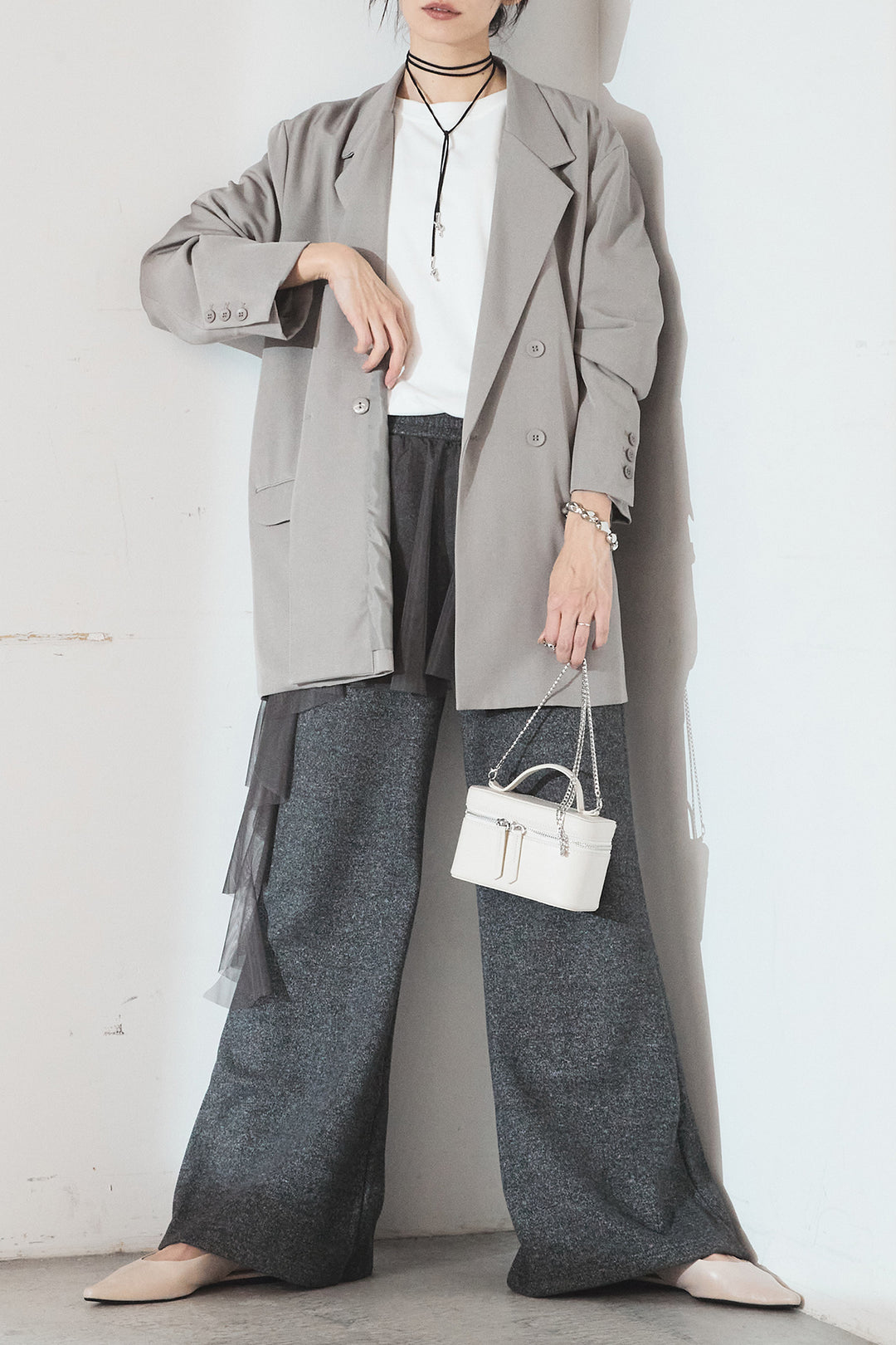 [SET]ルーズシルエットダブルテーラードジャケット+ストレッチロングTシャツ+チュールレイヤードニットパンツ(3set)