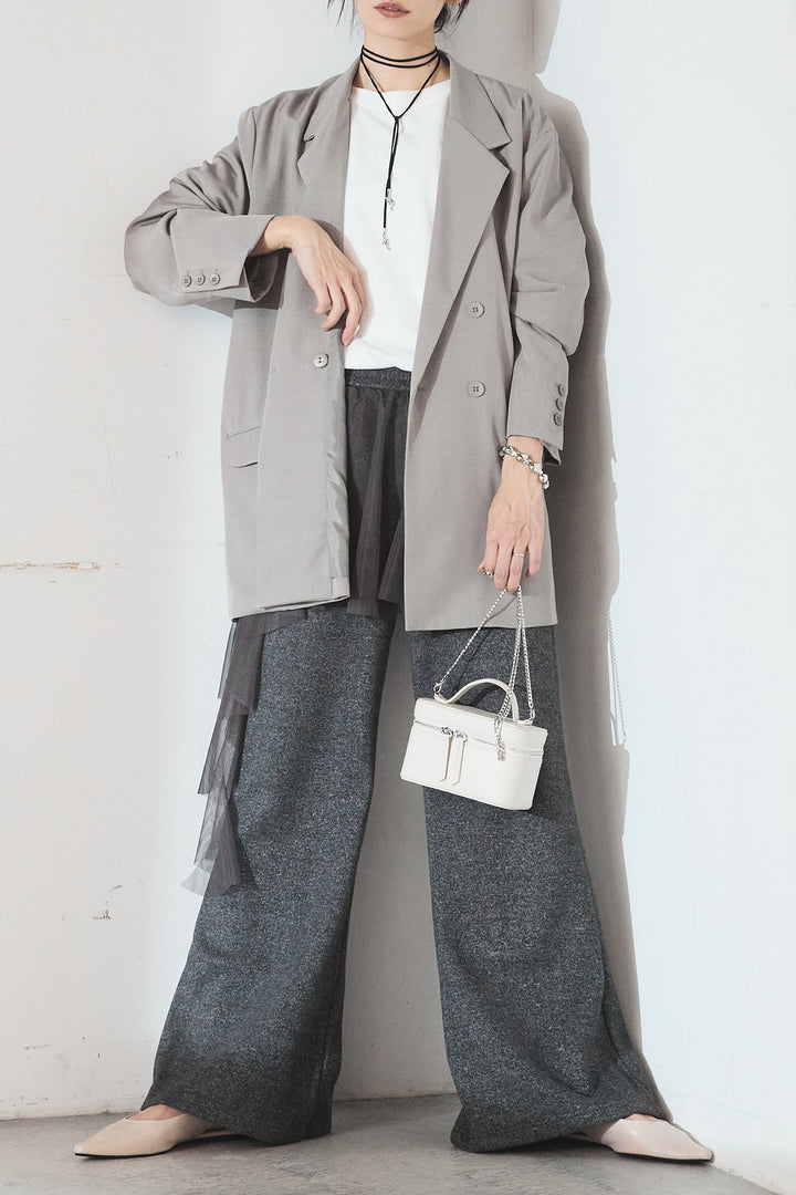 [SET]ルーズシルエットダブルテーラードジャケット+ストレッチロングTシャツ+チュールレイヤードニットパンツ(3set)