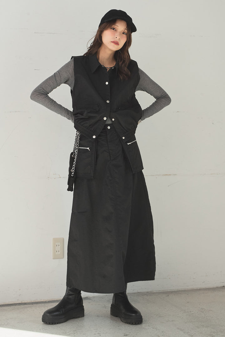 [SET]襟付きナイロンベスト+サイドデザインナイロンスカート(2set)