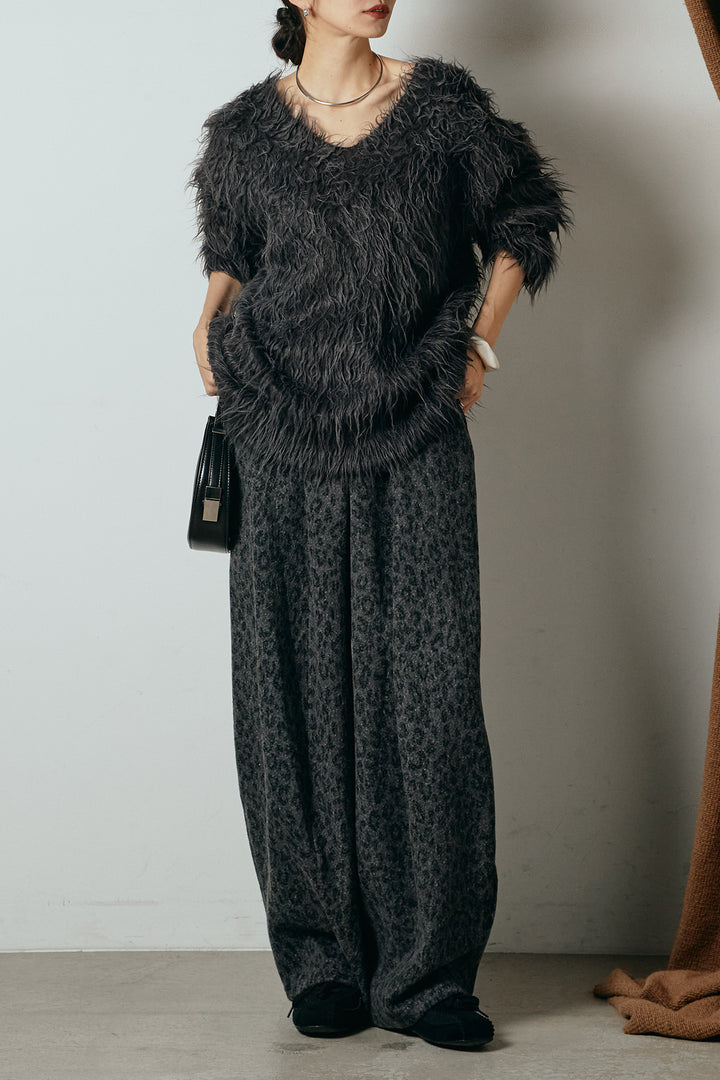 [SET]深Vネックシャギーニットトップス+リラックスレオパード柄ワイドパンツ(2set)