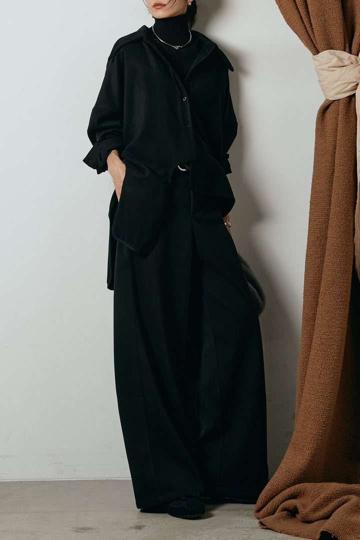 [SET]裾アシンメトリーデザインシャツ+編みベルト付きワイドパンツ+リブニットシームレスタートルプルオーバー(3set)