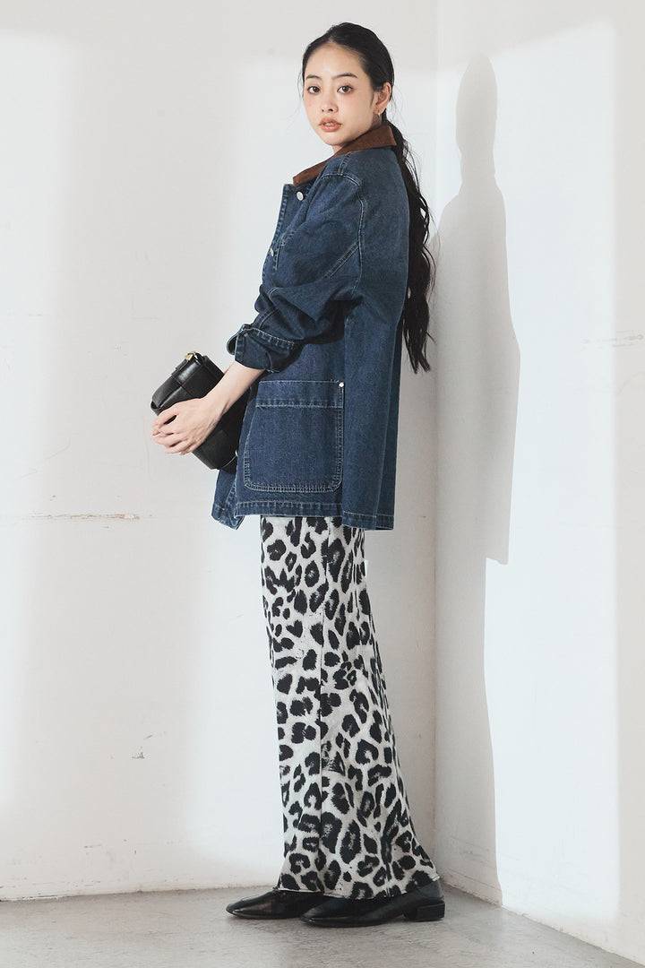 [SET]襟コーデュロイデニムカバーオール+レオパードサテンナロースカート(2set)