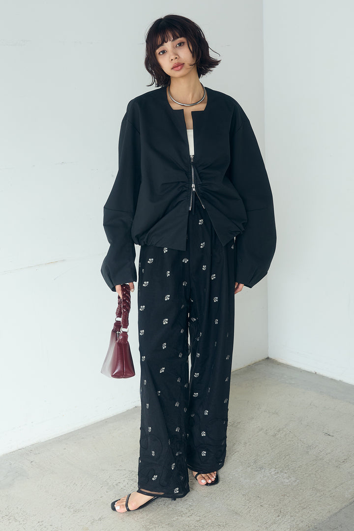 [SET]ニュアンスウェーブ刺繍シアーチュールパンツ+花柄刺繍ツイルタックパンツ(2set)