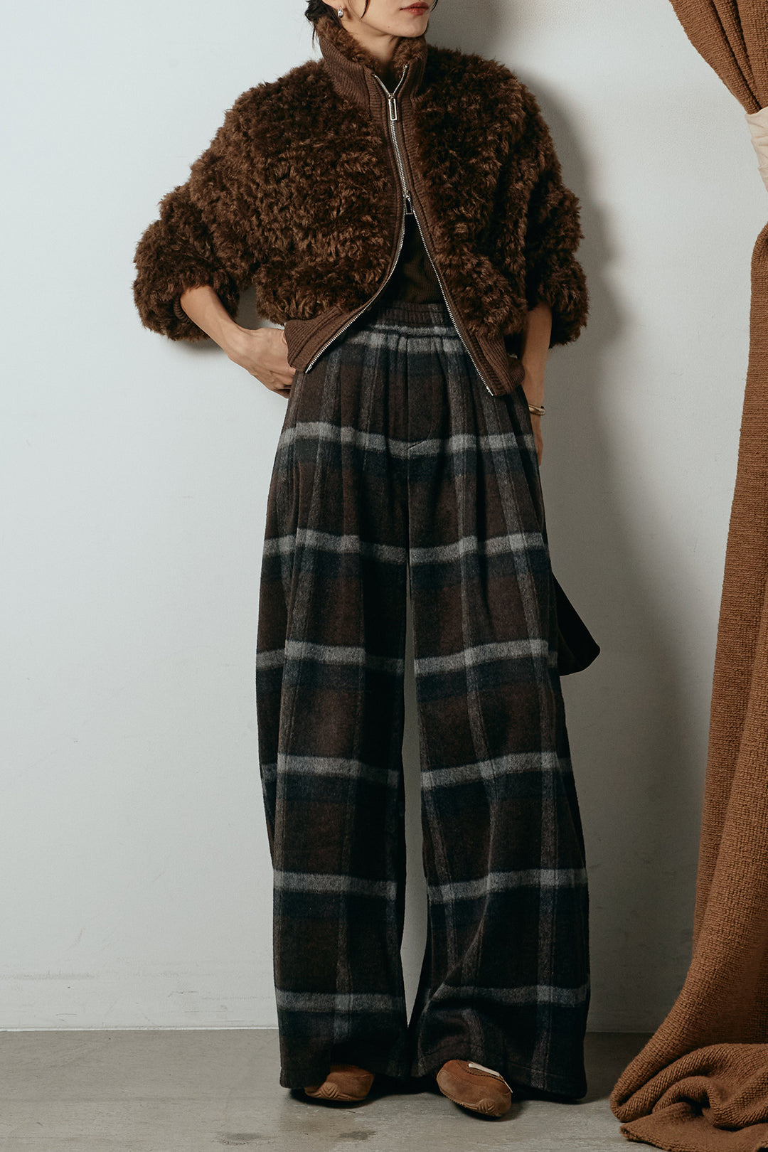 [SET]ハイネックショート丈ボアジップブルゾン+起毛タータンチェック柄ワイドパンツ(2set)