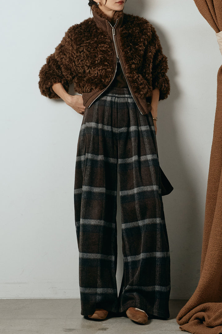 [SET]ハイネックショート丈ボアジップブルゾン+起毛タータンチェック柄ワイドパンツ(2set)