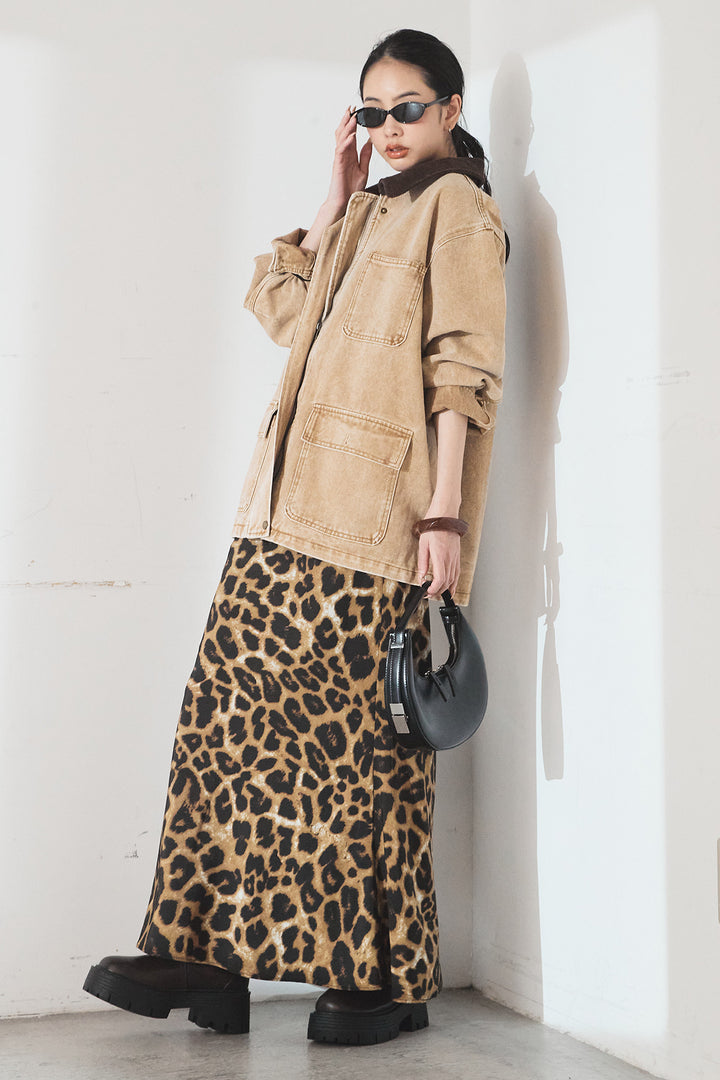 [SET]襟コーデュロイジップデニム調カバーオール+レオパードサテンナロースカート(2set)