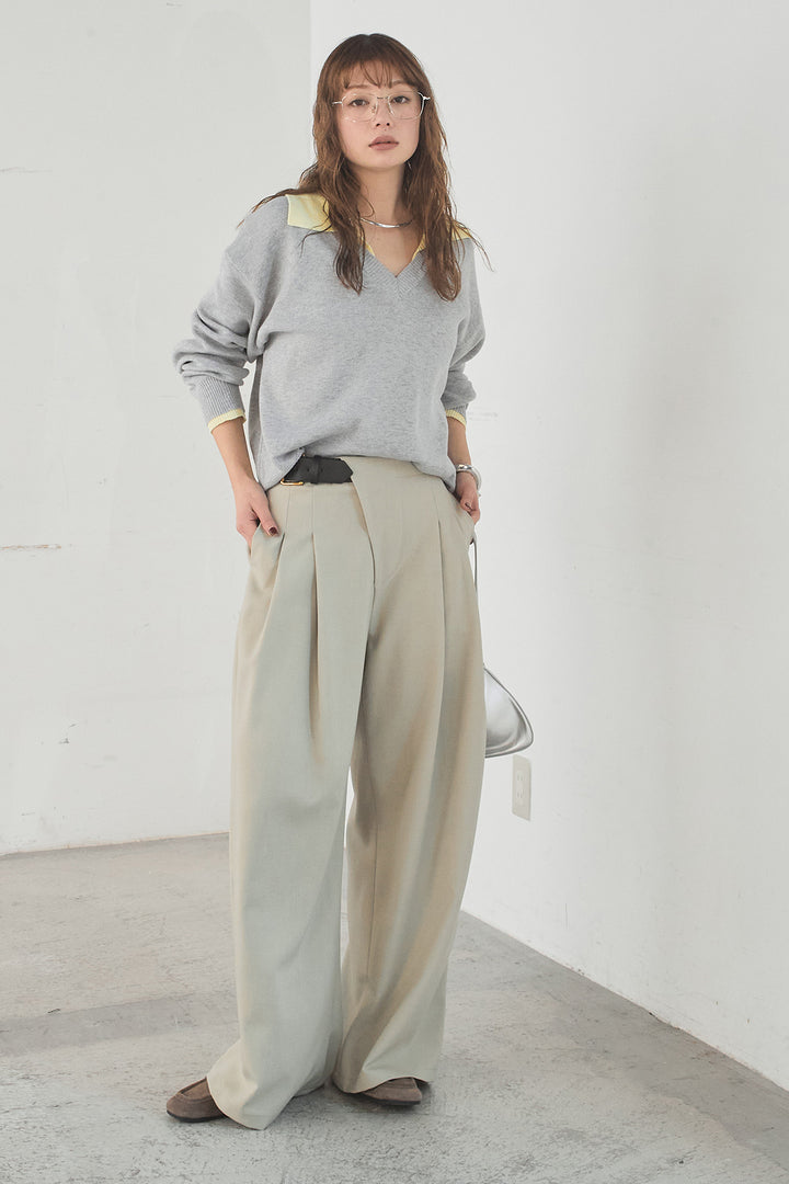 [SET]バイカラーニットレイヤード風プルオーバー+サイドベルトタック入りスラックス(2set)