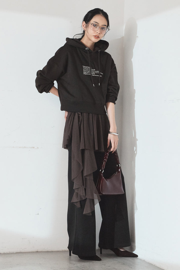 [SET]裏起毛レタリング刺繍フーディショートプルオーバー+チュールレイヤードニットパンツ(2set)