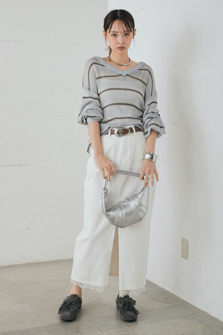 [SET]綿タッチVネックボーダートップス+裾レースデザインデニムスカート(2set)