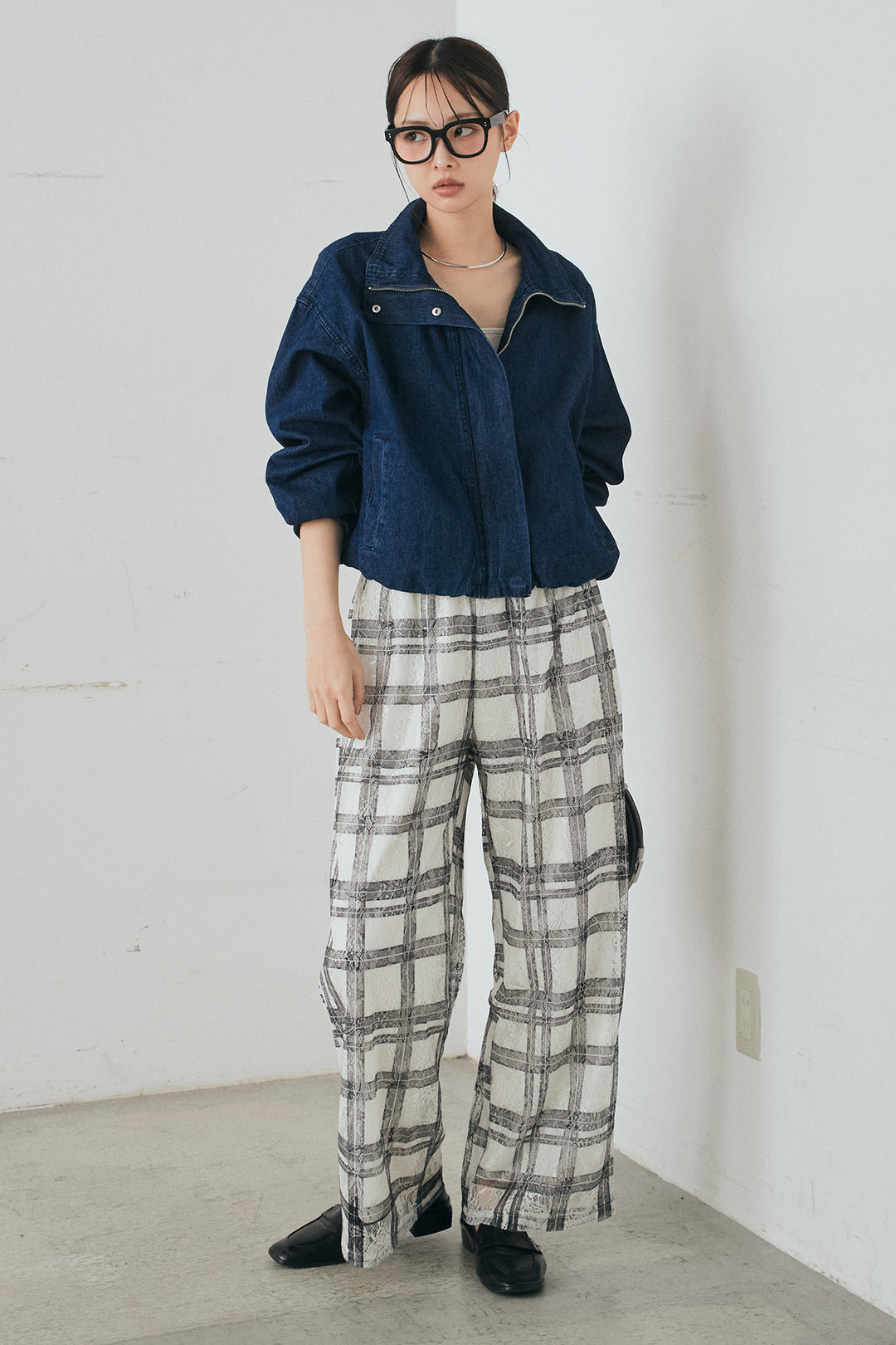 [SET]スタンドカラーデニムブルゾンジャケット+レースチェックワイドイージーパンツ(2set)