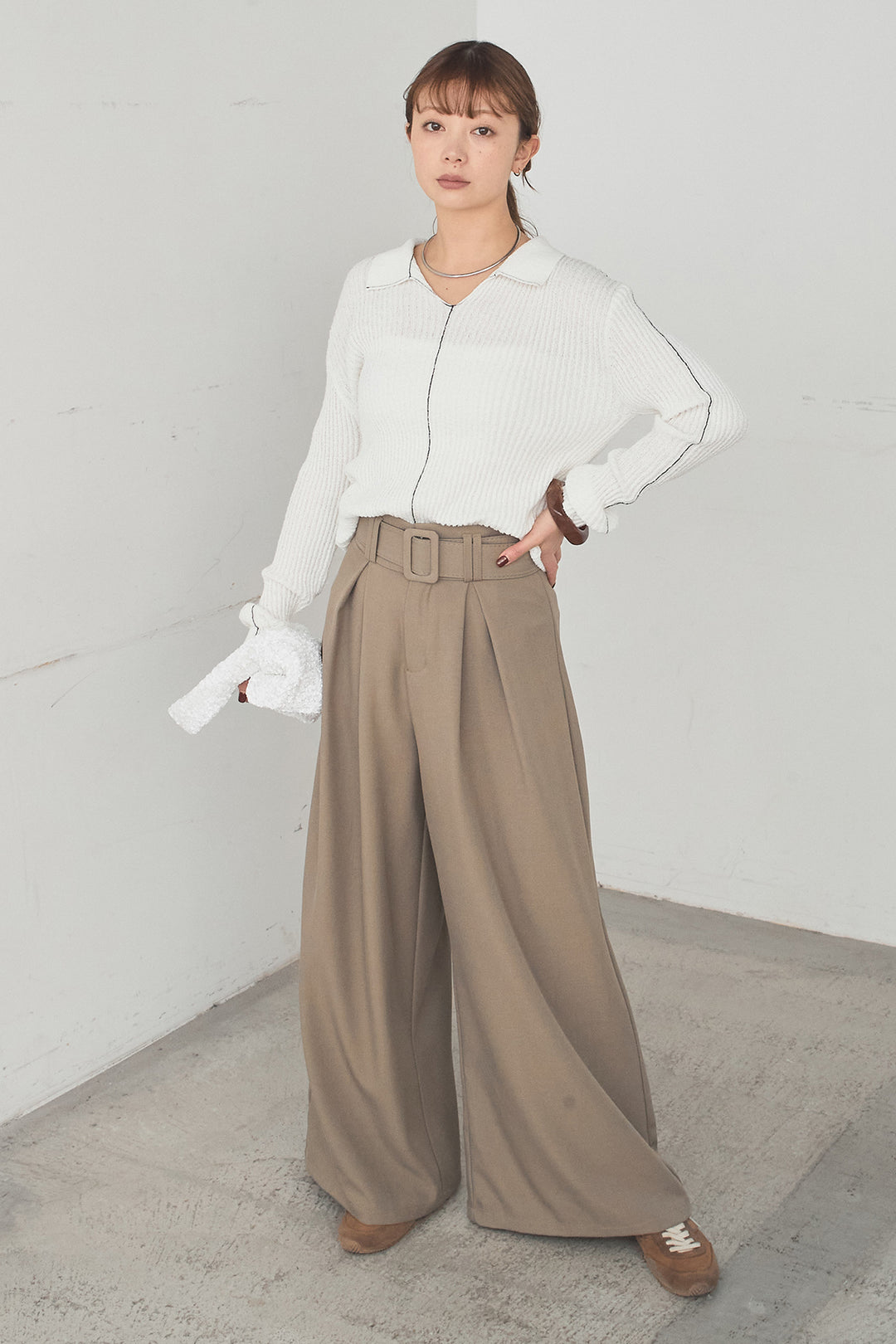 [SET]衿付きニットプルオーバー+ベルト付きツータックワイドパンツ(2set)