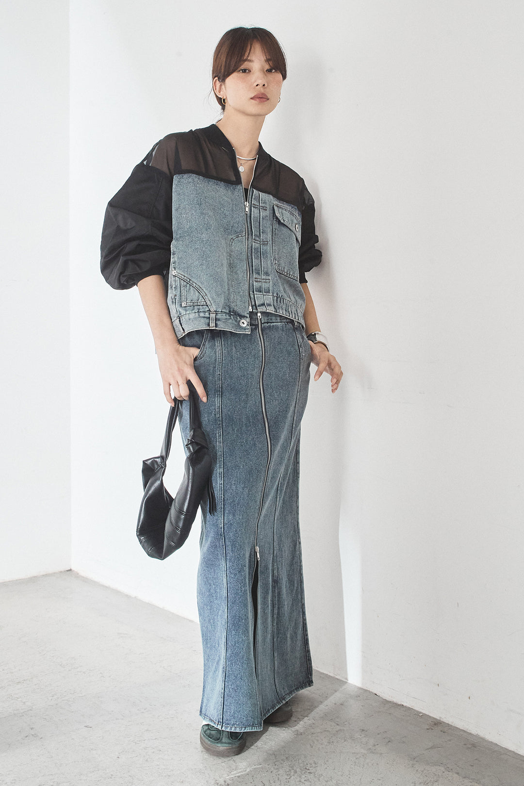 [SET]デニムコンビネーションブルゾン+フロントジップデニムスカート(2set)