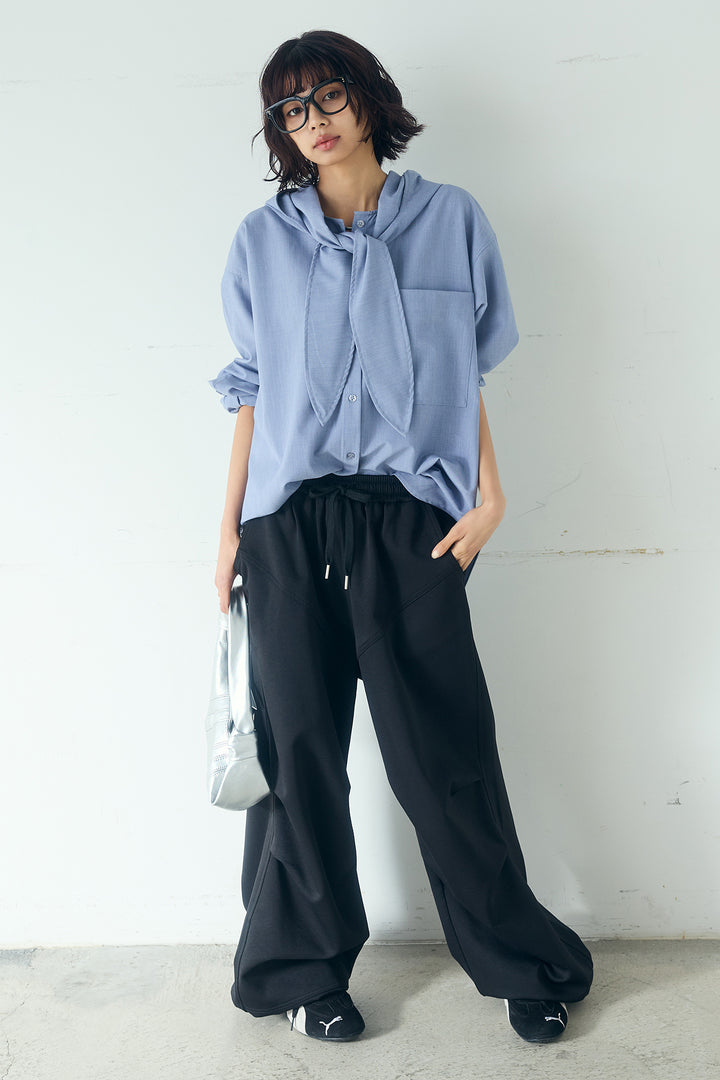 [SET]無地タイ付フーディーBIGシャツ+ランダムタックデザインワイドパンツ(2set)