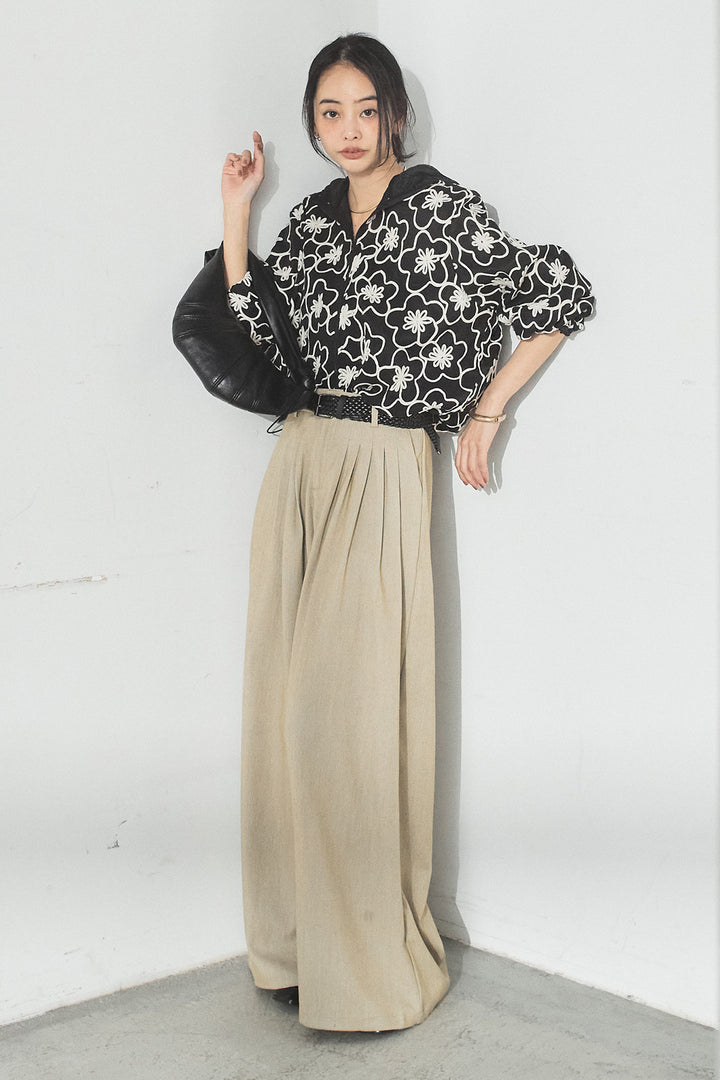 [SET]シアーフラワーフードブルゾン+編みベルト付きウエストタックワイドパンツ(2set)