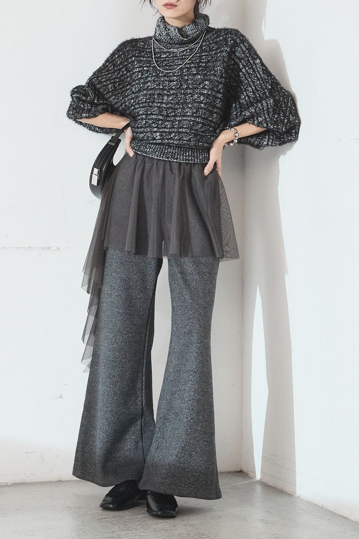 [SET]ミックス編みドルマンニットトップス+チュールレイヤードニットパンツ(2set)