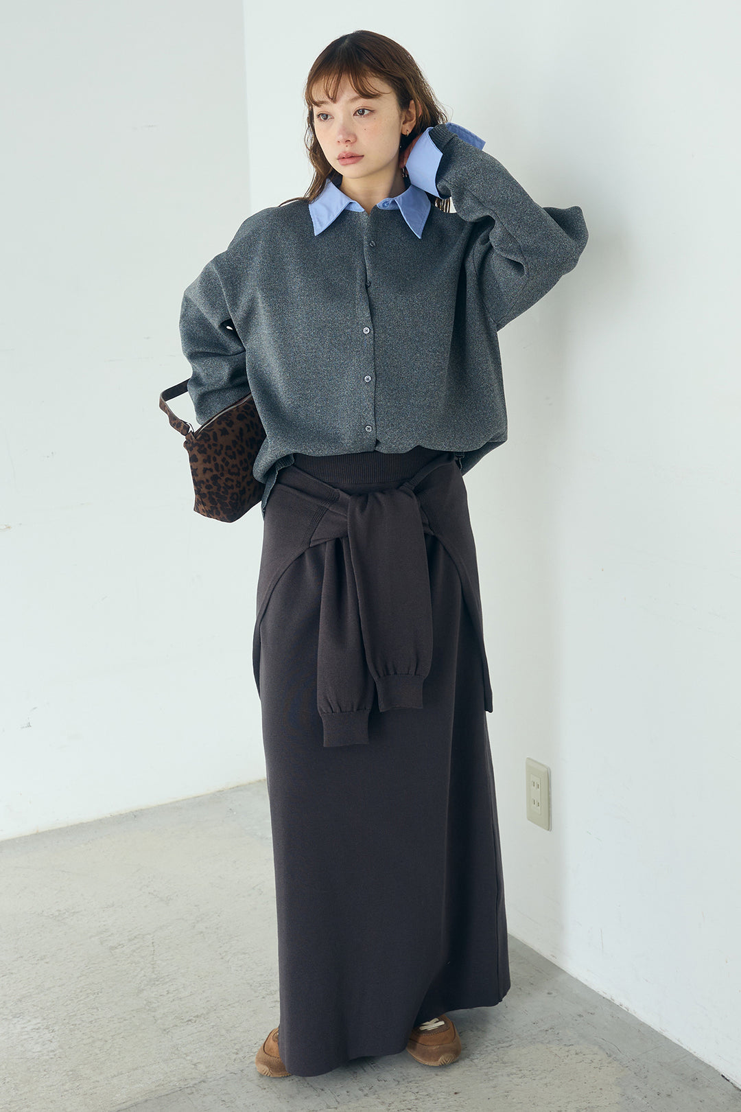 [SET]シャツレイヤード風カーディガン+レイヤードニット巻きスカート(2set)