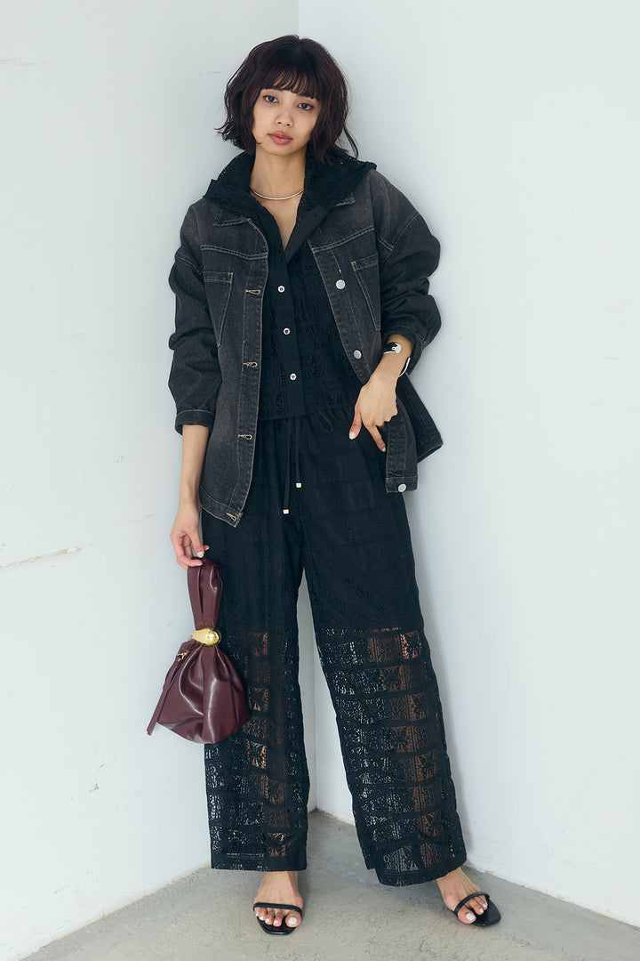 [SET]パッチワークレースショート丈フードシャツ+パッチワークレースイージーパンツ(2set)