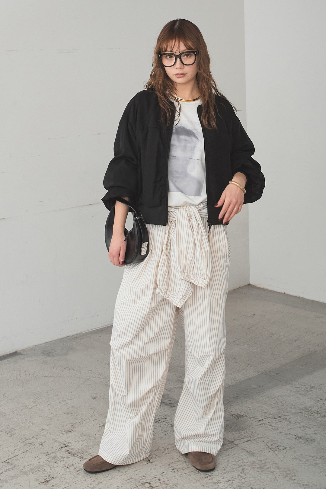 [SET]シアー×ポンチブルゾン+ストライプウエスト巻きジョガーパンツ(2set)