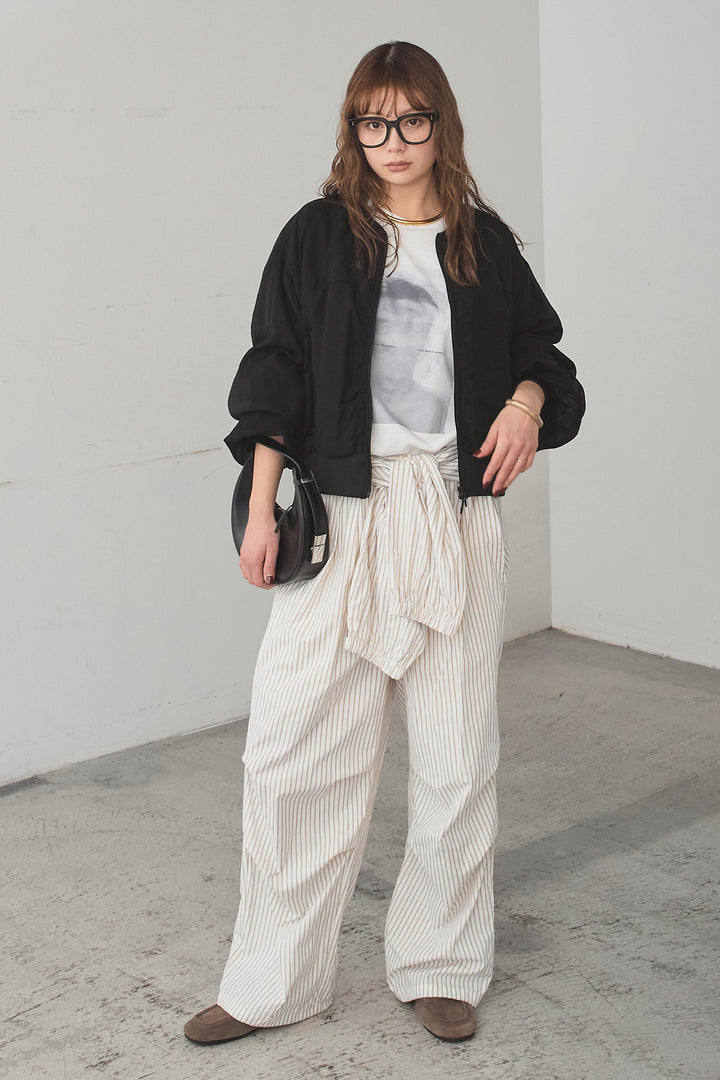 [SET]シアー×ポンチブルゾン+ストライプウエスト巻きジョガーパンツ(2set)