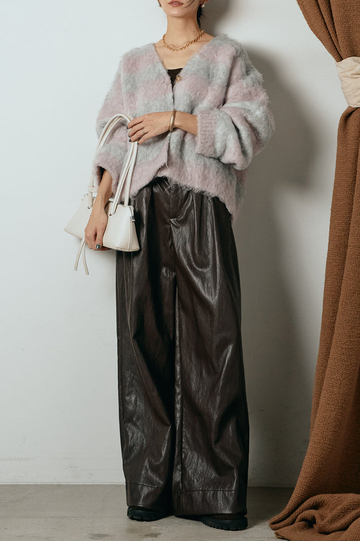 [SET]シャギーボーダー柄ニットカーディガン+ベルト付きレザーライクタックパンツ(2set)