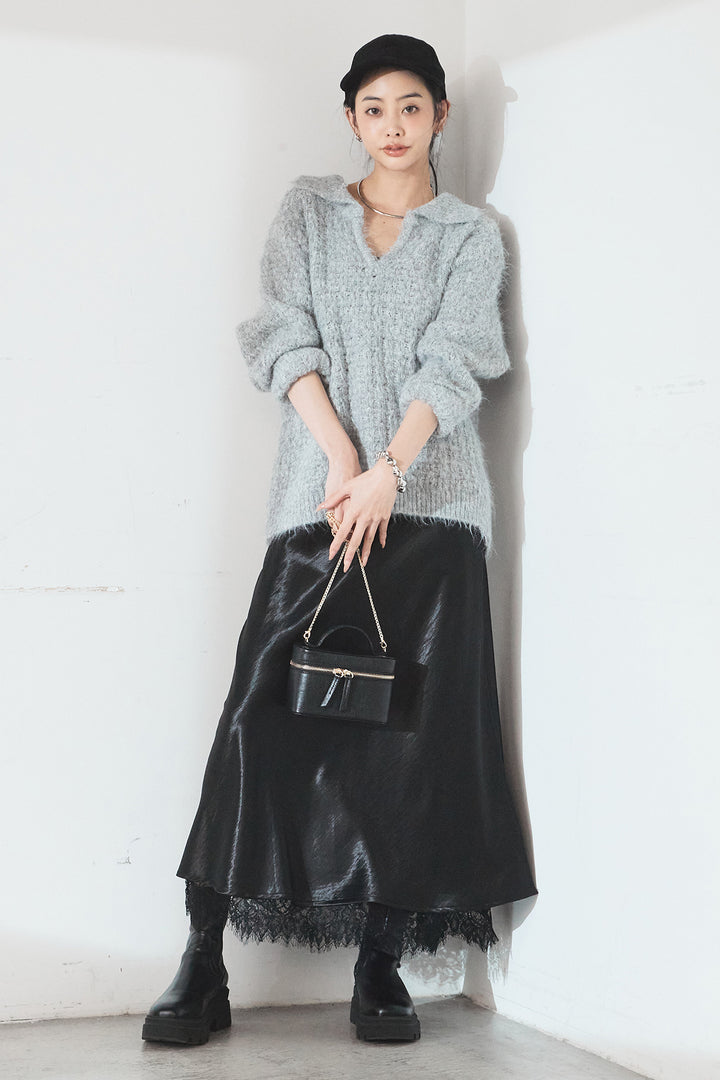[SET]襟付きVネックニットトップス+裾レースデザインサテンスカート(2set)