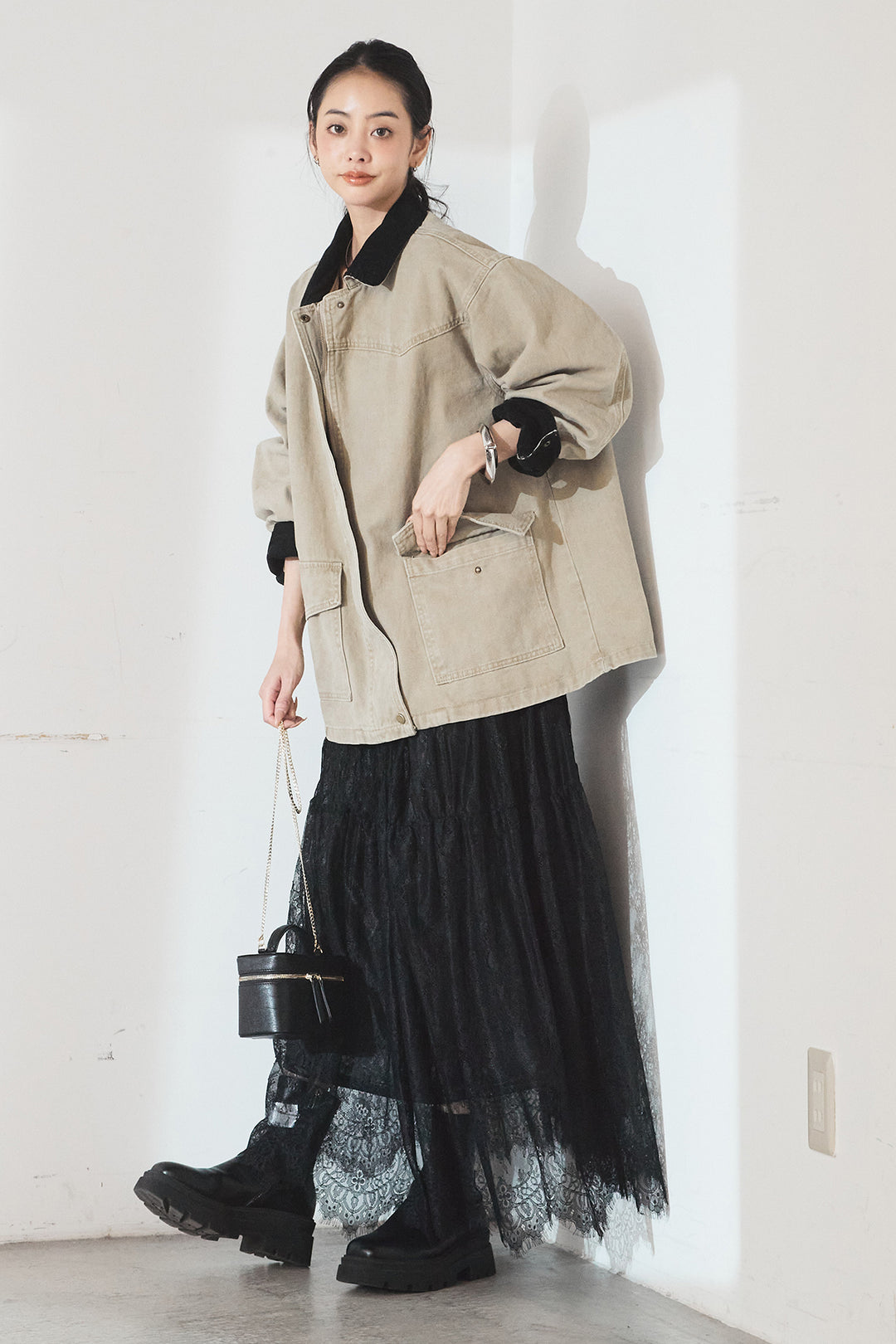 [SET]襟コーデュロイデザインデニム調カバーオール+ひげレース切替ロング丈スカート(2set)