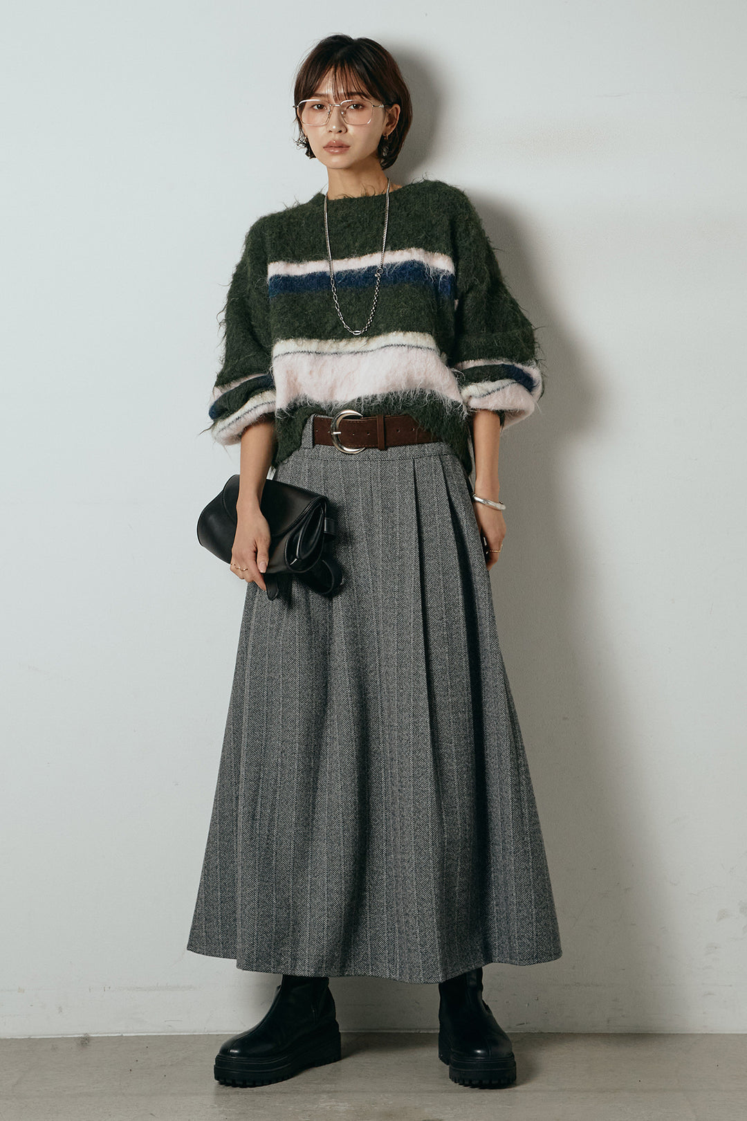 [SET]起毛配色マルチボーダーニットトップス+太ベルト付きヘリンボーンプリーツスカート(2set)