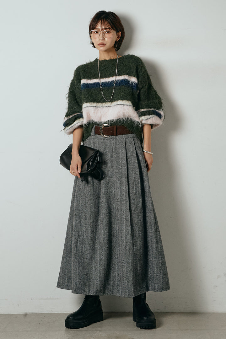 [SET]起毛配色マルチボーダーニットトップス+太ベルト付きヘリンボーンプリーツスカート(2set)