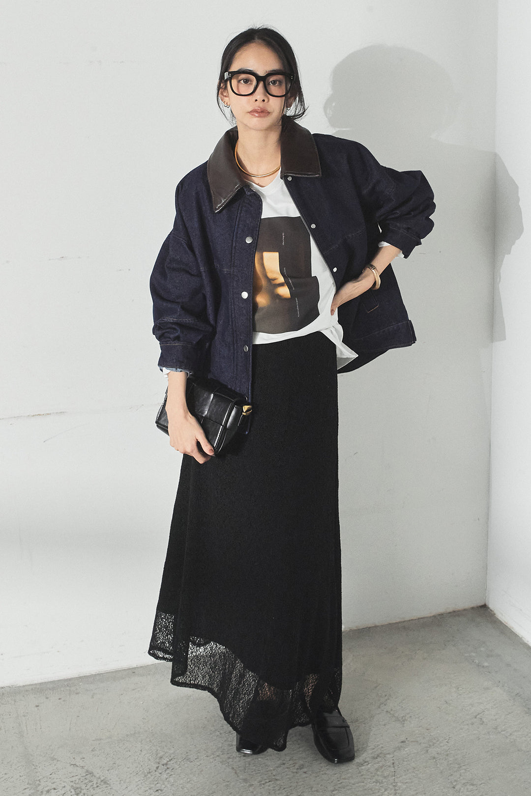 [SET]加工デニムレザー襟付きデニムブルゾン+長袖アソートフォトTシャツ(2set)