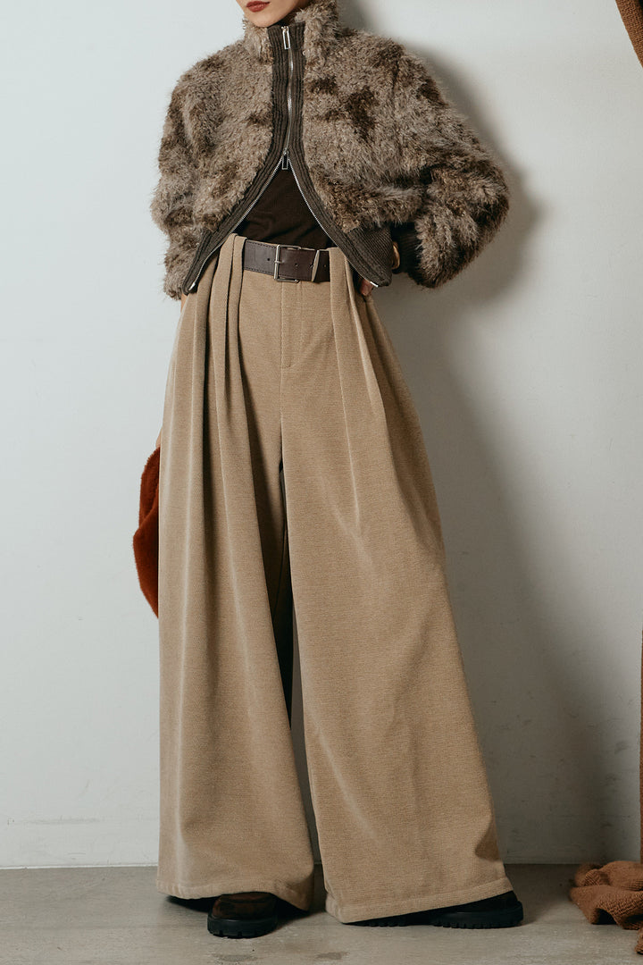 [SET]エコファースタンドカラーニュアンス柄ブルゾン+ベルトループコーデュロイワイドパンツ(2set)