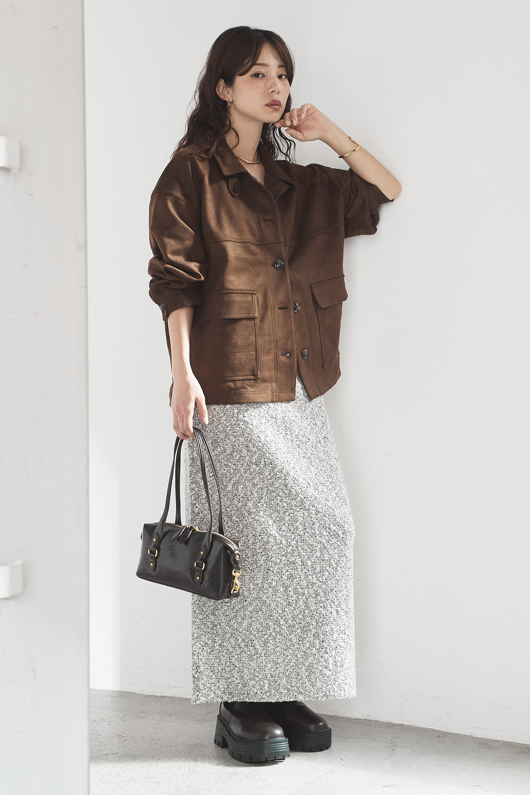 [SET]デカポケスエポンジャケット+ツイード風MIXスラブスカート(2set)