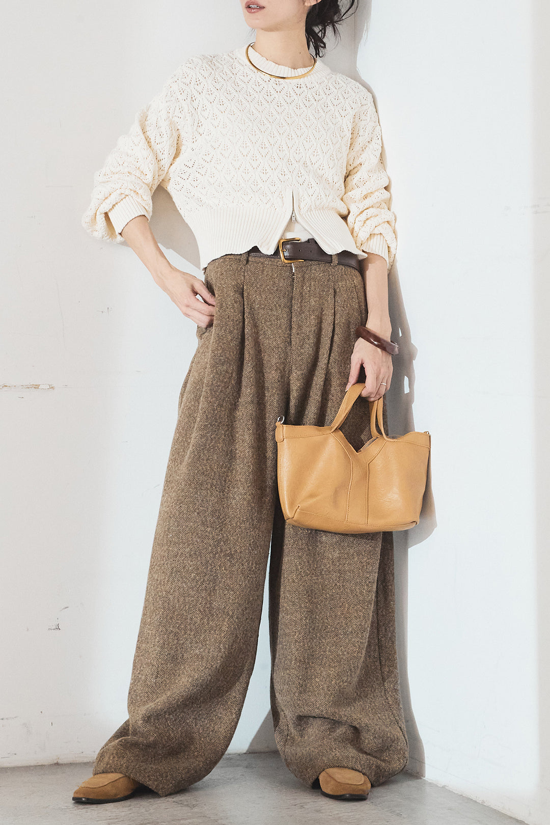 [SET]透かし編みニットジップスリットプルオーバー+タックツイードワイドパンツ(2set)