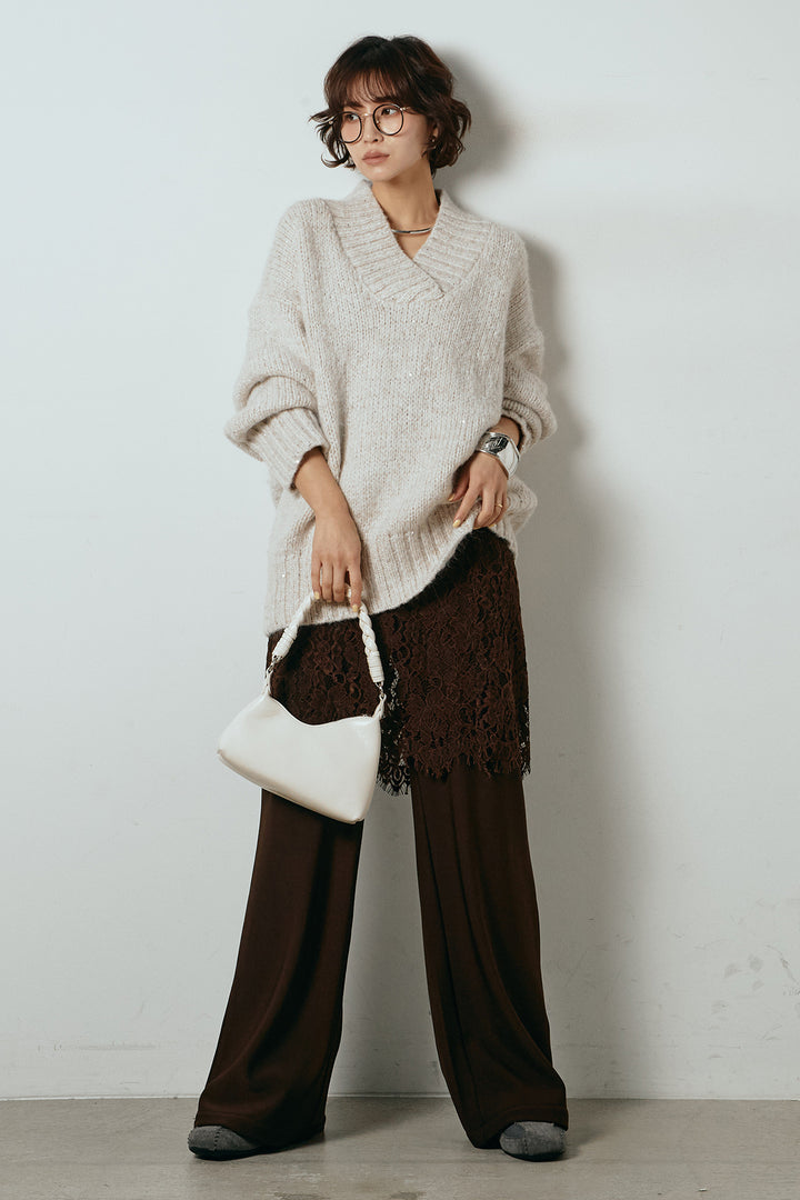 [SET]Vネックラメニットトップス+レース刺繍レイヤードフレアパンツ(2set)