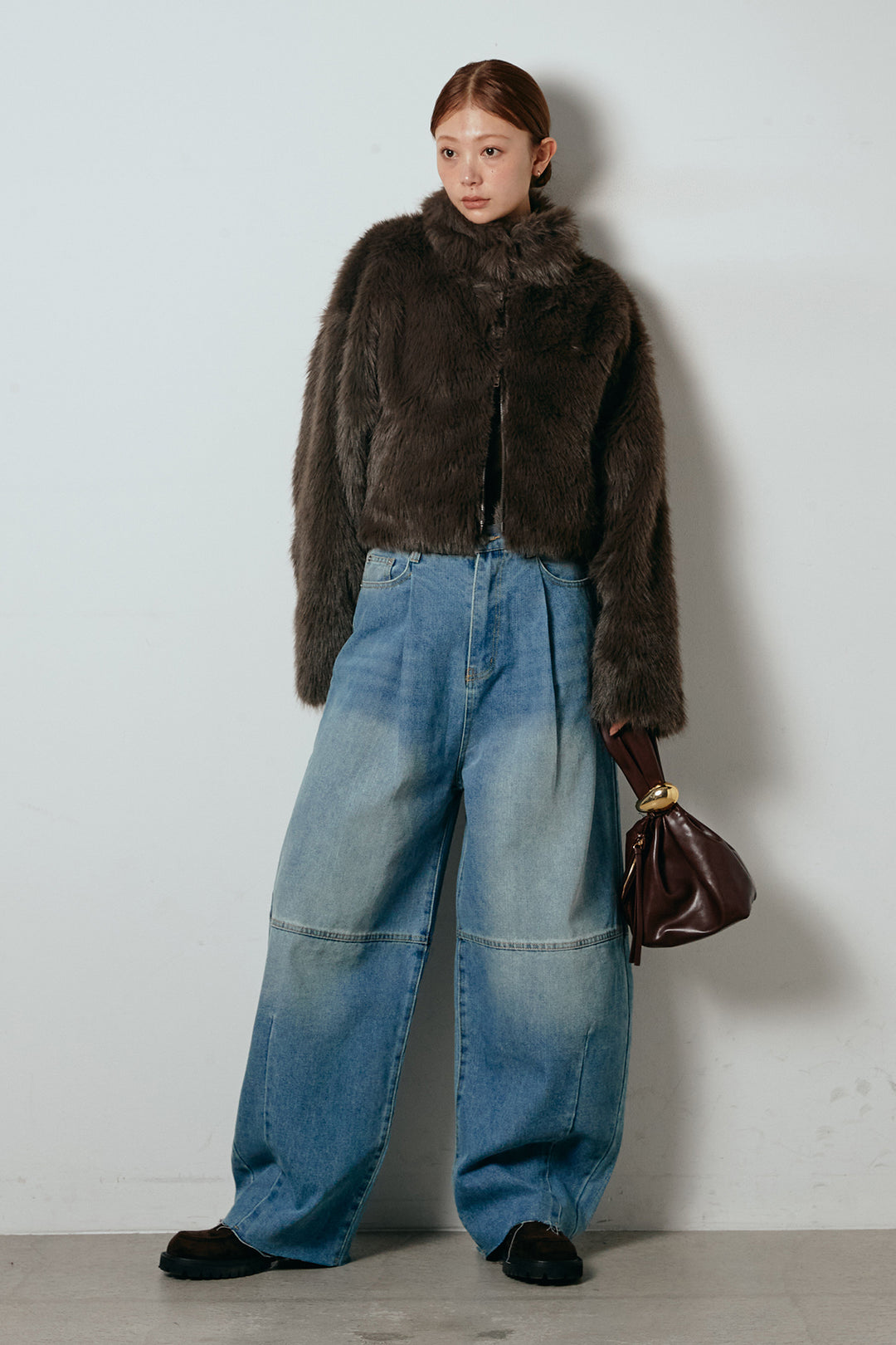 [SET]エコファーショート丈ブルゾン+加工デニムタックコクーンワイドパンツ(2set)