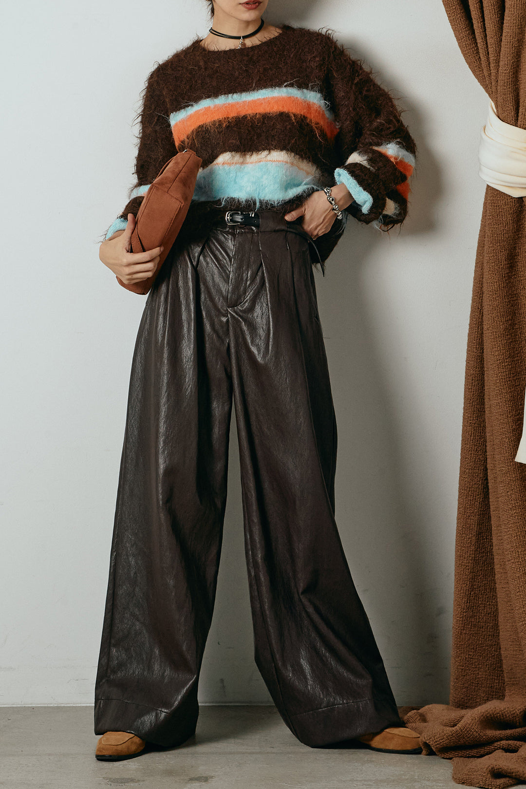 [SET]起毛配色マルチボーダーニットトップス+ベルト付きレザーライクタックパンツ(2set)