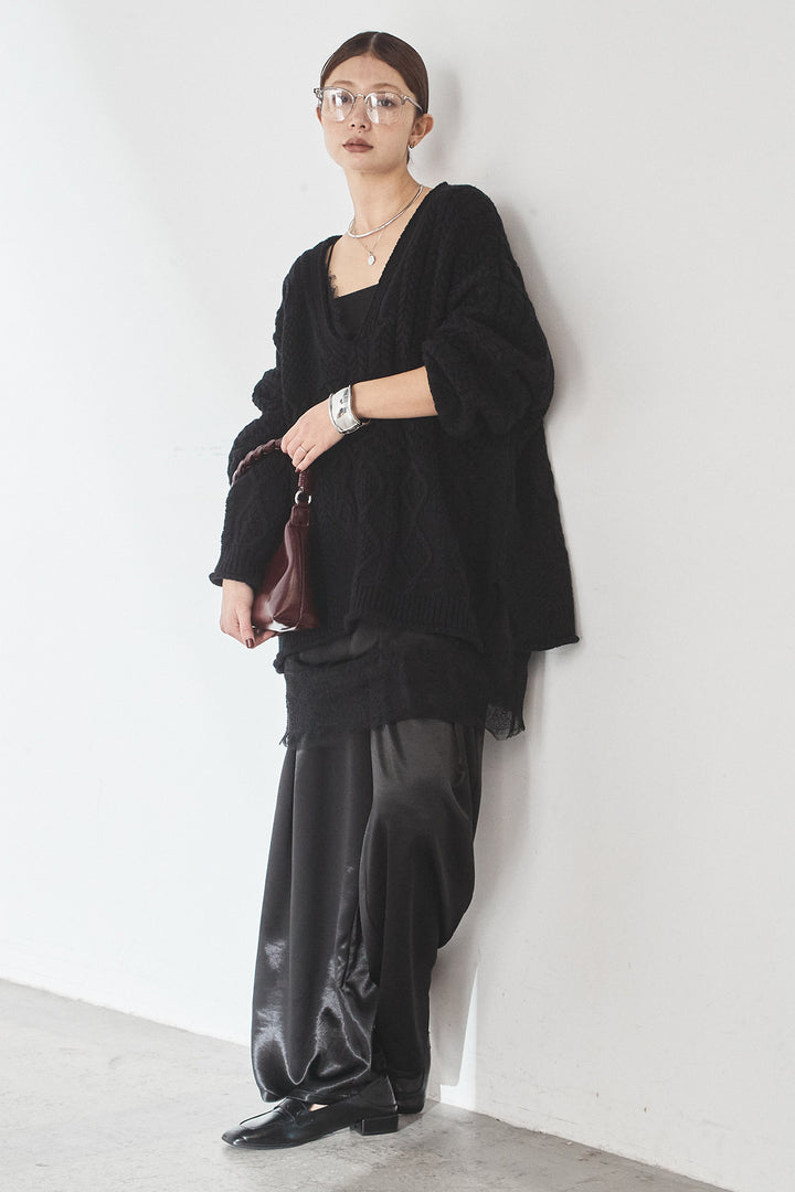 [SET]ケーブルVニットセーター+サテンタックワイドパンツ(2set)