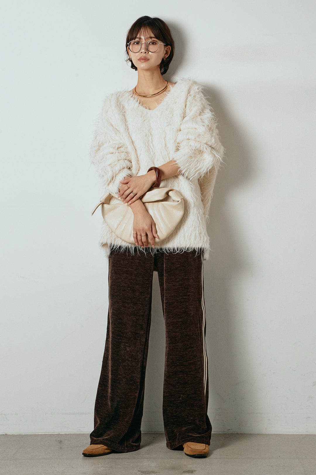 [SET]深Vネックシャギーニットトップス+リラックスサイドラインベロアワイドパンツ(2set)