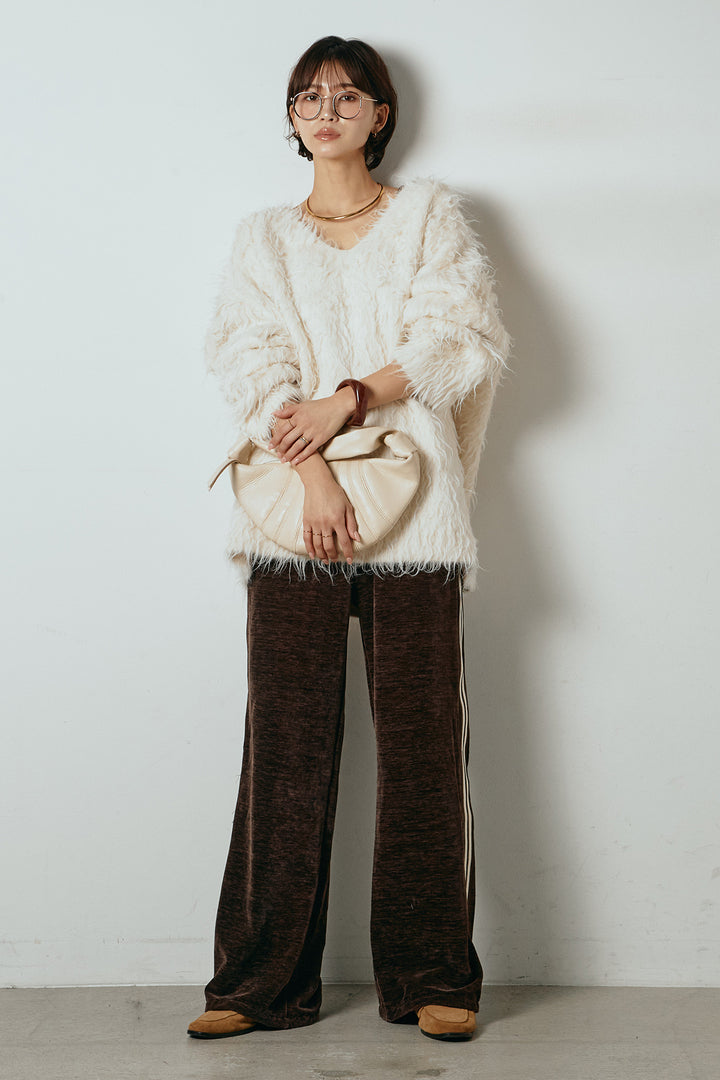 [SET]深Vネックシャギーニットトップス+リラックスサイドラインベロアワイドパンツ(2set)